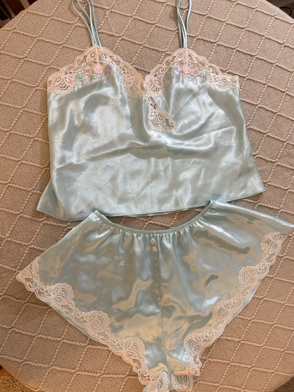 Vintage Val Mode Blue Lace Floral Embroidered Lingerie Set